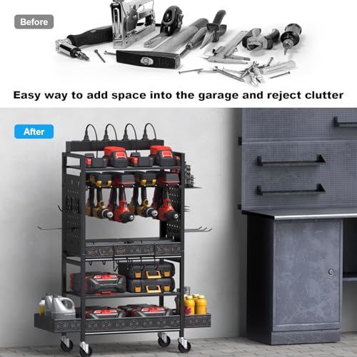 CCCEI Garage Power Tools Organizer Cart with Charging Station, Black Floor Standing Rolling Drill and Tools Battery Storage Cart on Wheels. Utility Rack Gift for Men, Husband, Father. - size: Standard