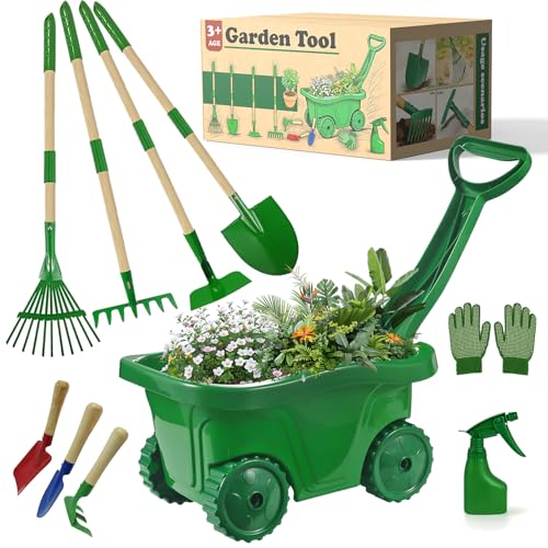 VICHTOP 10Pcs Kids Gardening Tools Set - Wheelbarrow Toys with Shovel, Rake, Hoe and Leaf Rake for Outdoor Backyard Play, STEM Educational Toys, for Toddler Boys & Girls Ages 3 4 5