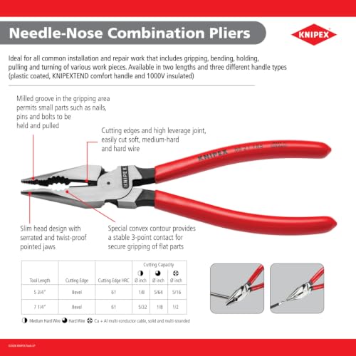 KNIPEX - 08 28 145 US Tools - Needle-Nose Combination Pliers, 1000V Insulated (0828145US) - style: 1000V Insulated Handles