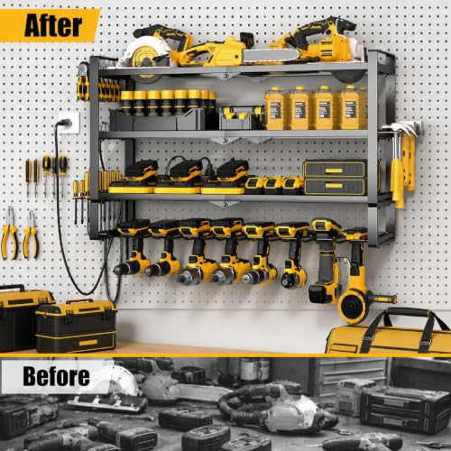 MOOMSINE Large Power Tool Organizer Wall Mount with Charging Station for Garage, 400lbs Metal Storage Rack with 8 Cordless Drill Holder, 4 Tier Heavy Duty Battery Tool Shelf with 5 Outlet Power Strip - size: 32 Inch（4 Tier Power Station）