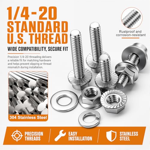 mankk 260PCS Flange Head Bolts Assortment Kit 1/4-20 x (1/2",5/8",3/4",1",1-1/4") 304 Stainless Steel SAE Flange Hexagon Screws and Serrated Flange Nuts Kit - color: Silver-260PCS 1/4-20