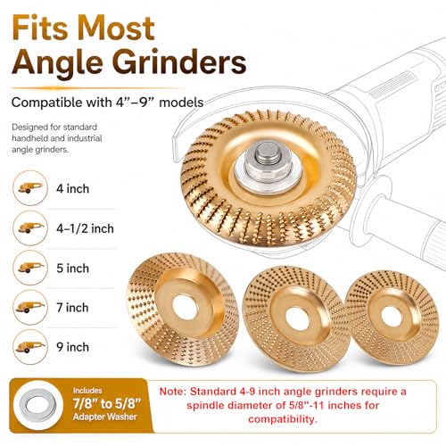Tungsten Carbide Cutting Wheel, 3PCS Wood Carving Disc Set for Angle Grinder, Grinding Shaping Disc and Polishing Wheel, Suitable for 4" or 4 1/2" Angle Grinders (Inner Diameter 7/8-inch(22mm)) - size: Inner Diameter 7/8-inch(22mm)
