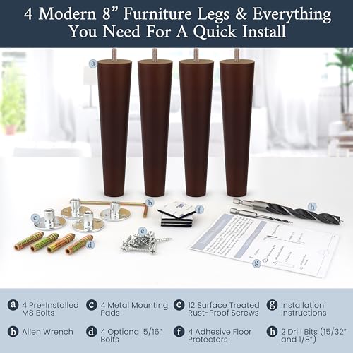 Airy Abode Premium Walnut Wood Furniture Legs (Full Install Kit) - Pick Your Size and Color - color: Brown, size: 8 Inches