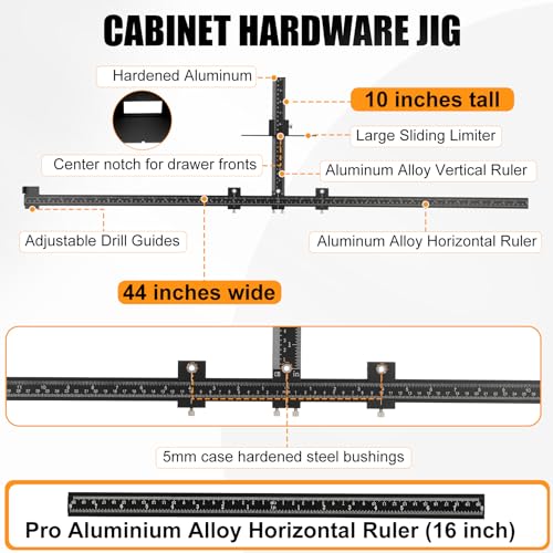 Cabinet Hardware Jig – 44" & 16" Dual-Ruler Aluminum Alloy Template Tool, Precision Aluminum Alloy Drill Guide Template for Handles, Knobs, and Pulls on Drawers & Doors