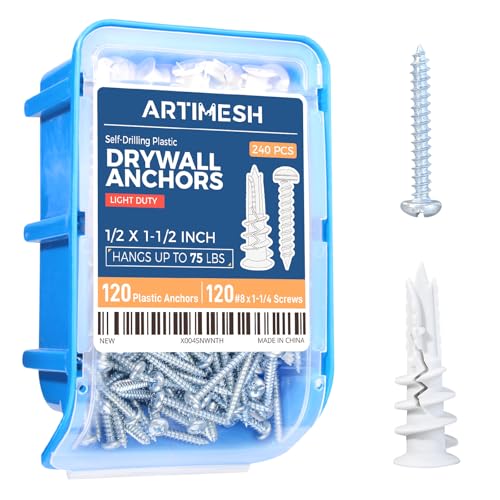 8# 240PCs Self Drilling Drywall Anchors Kit - 75LB Heavy Duty Plastic Drywall Hangers with 120 Self-Tapping Screws - Mounting Hardware for Sheetrock Anchors