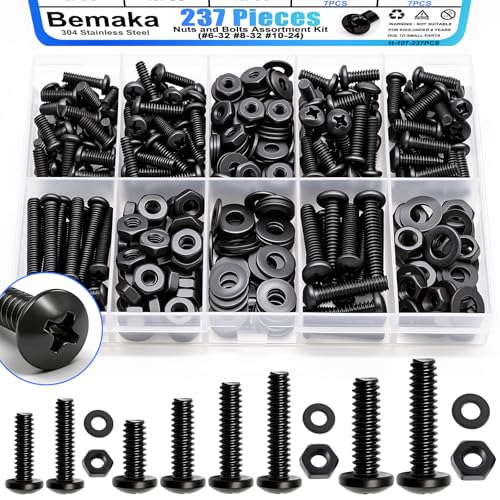 237PCS Machine Screws Nuts and Bolts Assortment Kit, 304 Stainless Steel Bolts 8 Sizes #6-32#8-32#10-24 Phillips Pan Head Hardware Screws Assortment Kit, Assorted Bolts, Nuts and Washers Kit - size: 237PCS