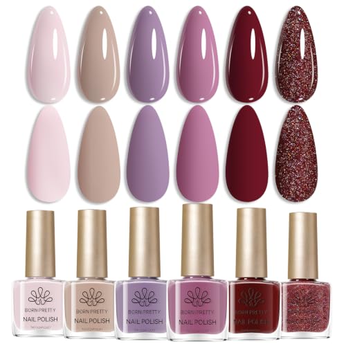 Born Pretty Nude Nail Polish Set 6 Colors Lilac Lavender Burgundy Red Khaki - color: Muted Muse