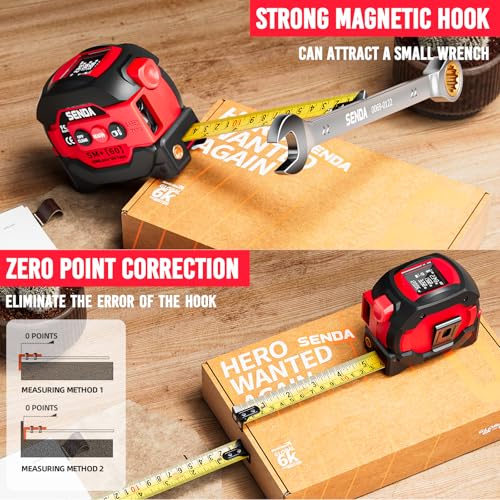 SENDA 3-in-1 Laser Tape Measure - 197Ft Digital Measuring Tape with Led Display&16Ft Measuring Tool with Magnetic Hook & Auto Lock - Pythagorean, Area, Volume, Ft/Ft+in/in/M Unit, AAA Battery*2, Red - color: Red(battery Model), size: 197 FT