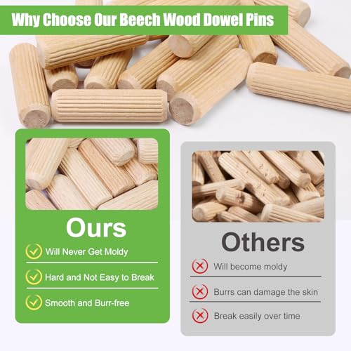 1/2" x 1-3/4" Wooden Dowel Pins, FoDau770 Fluted Wood Dowel Rods, Natural Beech Wood Dowel Pegs for Crafts, Woodworking, DIY Furniture - 200 Pieces - size: 1/2" x 1-3/4"