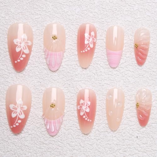 3D Pink Press on Nails Almond - Medium French Tip Fake Nails with Embossed Flower&Gold Bead Designs, Glossy Finish Reusable False Nails for Women Manicure(3D Embossed design 18） - color: 3D Embossed design 18