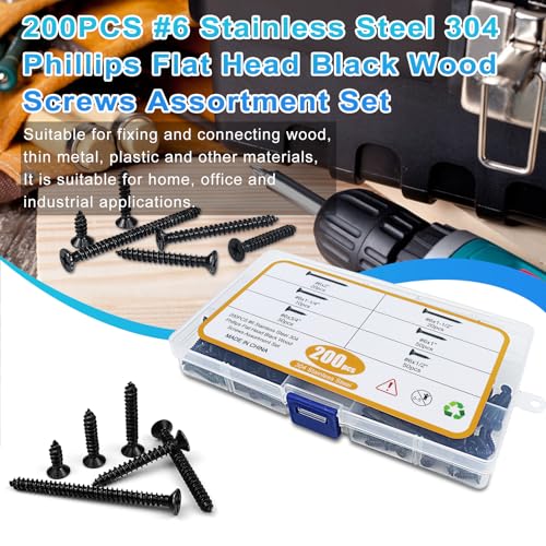 200PCS #6 Black Wood Screws Assortment Kit, 304 Stainless Steel Screws, Drive Sheet Metal Self Tapping Screws with Screwdriver Bit, 6 Sizes (2”,1-1/2”,1-1/4”,1”,3/4”,1/2”) - style: Black #6 Flat Head Set 200PCS