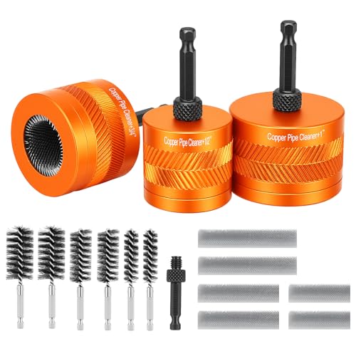 1/2" & 3/4" &1”Copper Pipe Cleaner Set for Drill with 1/4" Hex Shank | 2 Pipe Cleaning Brushes & 6 Exchange Blades & 1 Rod 3 Copper Metal Pipe Brushes Kit Plumbing Tools for Rust Stains Paint - size: 1/2" + 3/4"+1"