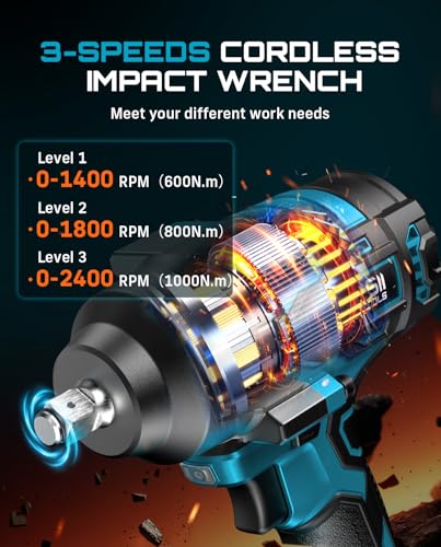 Seesii Impact Wrench 1000N.m(738 Ft-Lbs) & 46PCS 1/4″ Drive Socket Set Tool - color: 738 Ft-lbs / 2x4.0ah Battery & Socket Wrench Set