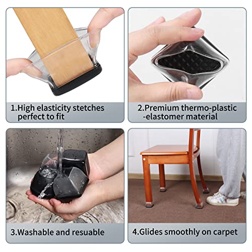 Ezprotekt 24 Pcs Chair Sliders for Carpet, Square Chair Glides for Carpet, Carpet Teflon Furniture Sliders Pads, Chair Leg Protectors Caps for Carpet - for Dining Table Chair, Black XL(Fit: 1.5"-2") - size: XL-Clear