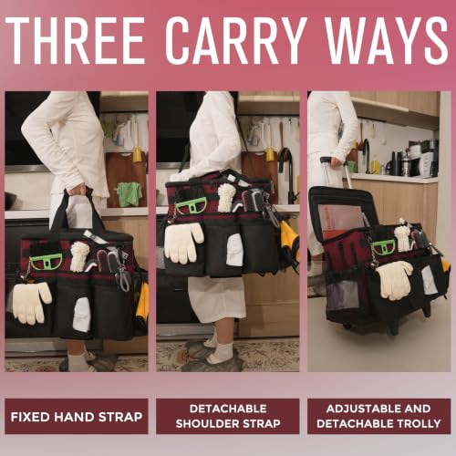 SCAVATA Rolling Cleaning Caddy Bag with Detachable Trolley, Large Cleaning Supplies Organizer with Wheels, Multi-Pocket Cleaning Cart with Adjustable Shoulder Strap for Housekeepers (Magenta) - color: Magenta