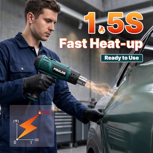 Heat Gun - PRULDE Dual Protection Fuses 1500W Heavy Duty Fast Heat Hot Air Gun with 122℉ to 1202℉ Dual-Temperature Settings and 4 Nozzles with Overheat Protection for Crafts, Vinyl Wrap, Shrink Tubing