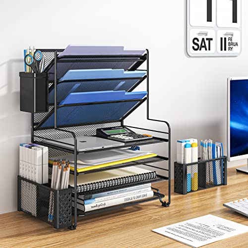 Simple Trending 7 Tier Desk File Organizer, Letter Tray Paper Organizer with Pen Holder and Metal Hanging Basket, Black - color: Pen Holder Black