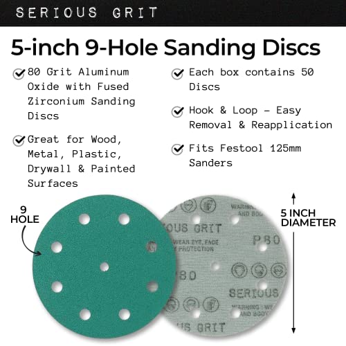 Serious Grit - 5-Inch 9-Hole P80 Grit Sanding Discs - 50 Pack Box - size: 80 Grit