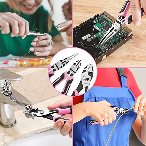 WORKPRO 3 PCS Pink Pliers Set, Needle Nose & Diagonal & Slip Joint Pliers