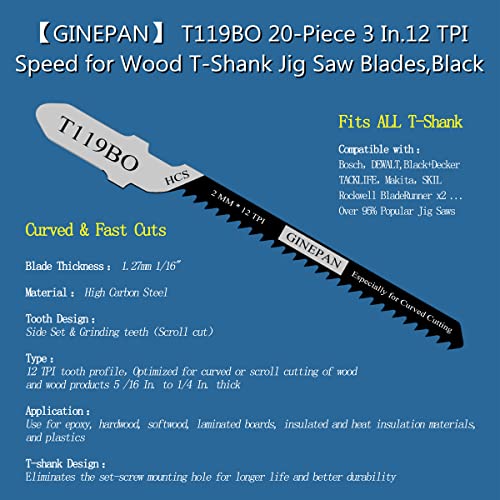 Jigsaw Blades T Shank 20PCS T119BO with Storage Case | Compatible with Bosch Dewalt Black and Decker Jig Saw Blades Set for Wood, 3 in. 12 TPI Curved & Scrolling Fast Cuts - style: T119BO-20