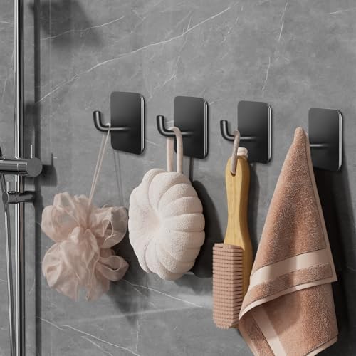 Adhesive Hooks for Bathrooms, 4 Piece Towel Hooks for Hanging Hat Robe Coat, Stick on Hooks for Kitchens, Strong Self-Adhesive No Damage Waterproof Stainless Steel Sticky Hook (Black) - color: Square-A-Black