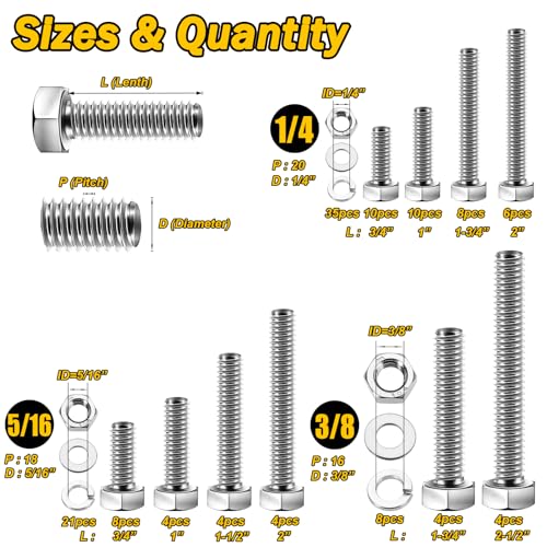 Mywish 254Pcs Nuts and Bolts, 1/4 20 5/16 18 3/8 16 Bolt, Heavy Duty 304 Stainless Steel Bolts and Nuts Kit with Flat Spring Washers, Includes 10 Common Sizes, Fully Threaded - size: 254 Pcs Mixed Size Kit - Silver