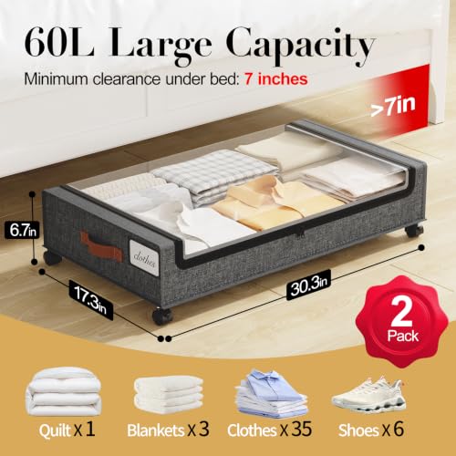 Yecaye 60L Under Bed Storage with Wheels, 2 Pack, Hemp Grey - color: Hemp Gray, size: 2 Pack