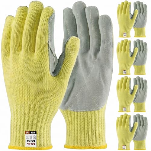 5 Pairs Work Gloves Men Medium, 7-Gauge Aramid Knit with Cowhide Leather Palm, Heavy Duty Cut Resistant Safety Gloves for Metal Fabrication, Glass Handling, Construction & Workshop - size: 5pcs-Medium, style: Aramid Leather