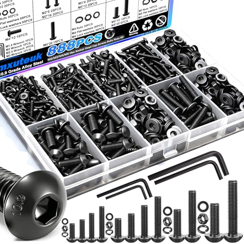 mxuteuk 888PCS Metric Screw Assortment Kit,M2 M3 M4 M5 Machine Screws,10.9 Grade Alloy Steel Metric Hex Button Head Cap Screws Nuts and Flat Washers Assortment Kit for 3D Printing - size: 888PCS M2-M5
