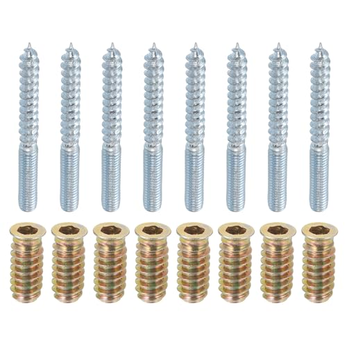 uxcell M6x60mm Hanger Bolts, 8pcs 31mm Wood Dowel Screw Self-Tapping Screw with 8pcs M6x24mm Threaded Insert Nuts Interface Hex Socket Drive, for Joint Furniture Legs