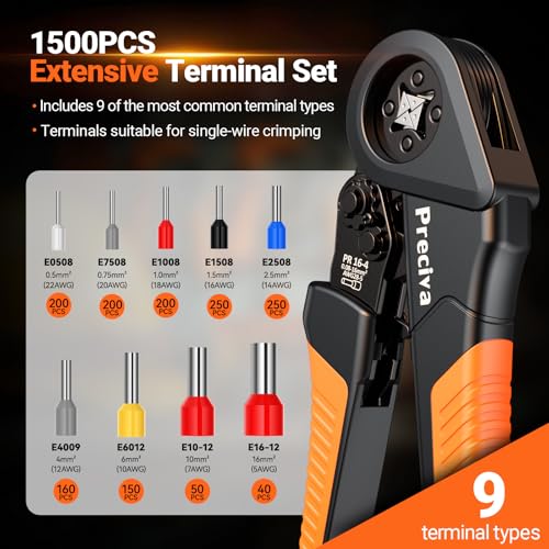 Preciva Ferrule Crimping Tool Kit - AWG 28-5 (0.08-16mm²) Self-Adjustable Ratchet Ferrule Terminals Crimping Tool, Quadrilateral Ferrule Crimper with 1500Pcs Ferrules Connectors