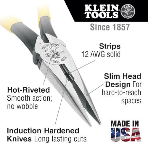 Klein Tools D203-8N Needle Nose Pliers and Wire Stripper, Long Nose Side Cutters with Wire Striping Hole, Heavy Duty Alligator Pliers, 8-Inch - style: Side Cutting/Wire Stripping