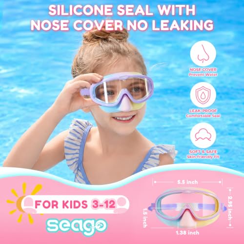 Seago Kids Swim Goggles with Nose Cover 2 Pack for 3-14 Anti-Fog Clear View - color: Pink & Purple
