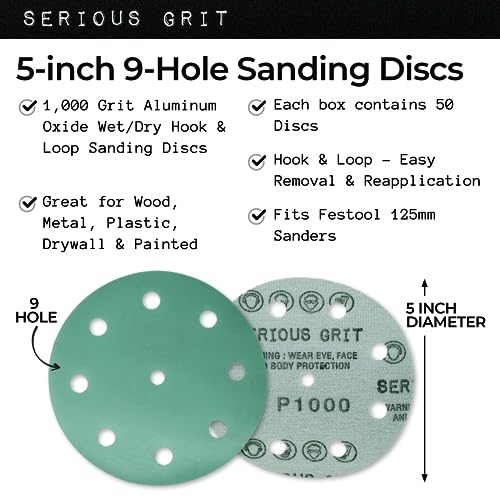 Serious Grit - 5-Inch 9-Hole P1000 Grit Sanding Discs - 50 Pack Box - size: 1000 Grit