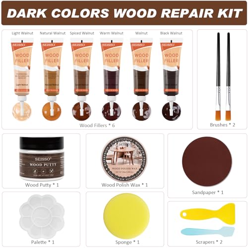 Wood Furniture Repair Kit, 6 Colors Wood Filler Hardwood Laminate Vinyl Floor Repair Kit, with Wood Putty, Wood Polish Wax for Hole, Scratch, Crack, Stain (Walnut Wood 15Pcs) - color: Walnut Wood 15 Pcs