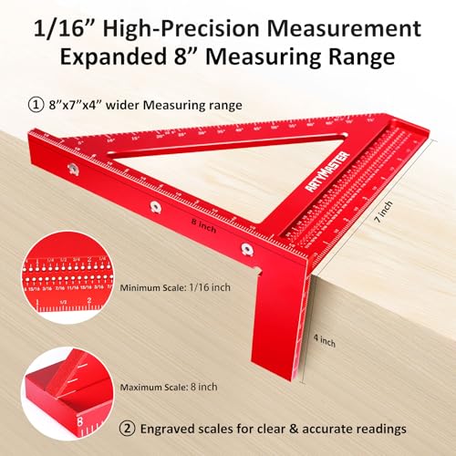 8 inch 3D Multi-Angle Measuring Square Ruler, WT103B High Precision Hole Scribing Woodworking Tools, 0-90° Aluminum Alloy Carpenter Square Wood Working Tools, Carpenter Pencils 6 Refills. - color: 8 inch Square+Pencil, style: Imperial