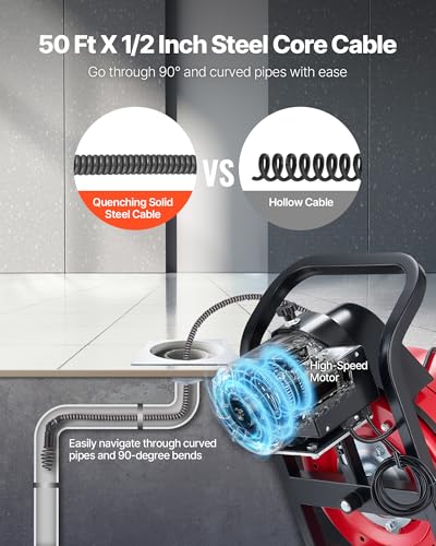 VEVOR Drain Cleaner Machine 50 FT x 1/2 Inch Manual Feed Sewer Snake Auger - style: 50 FT x 1/2'' Upgraded Version