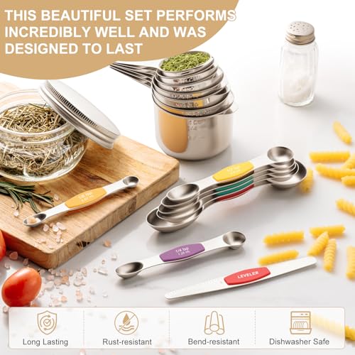 Stainless Steel Measuring Cups & Spoons Set, EWFEN Kitchen Tools Nesting Measuring Cups and Spoons, Fits in Spice Jars for Baking & Cooking, BPA Free, Set of 15 with Leveler, Multicolor - color: Multicolor Spoons