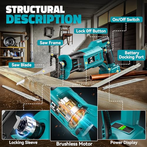 Cerycose Cordless Reciprocating Saw Compatible with Makita 18V Battery, Variable Speed 1" Stroke Length,3200 SPM, Toolless Blade Change, 4 Saw Blades for Metal Wood PVC Cutting (Tool Only) - style: Two-handed for Makita battery