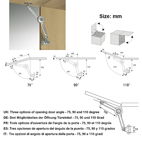 2 Packs [Upgraded] Qrity Cabinet Cupborad Furniture Door Lift Stay Support Hinge Damper - Support Up to 20KG - Opening Angle 75°/90°/110° - Come with Hex Key - size: 2 Pieces