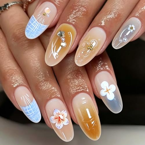 Press on Nails Almond Medium French Tip 3D Embossed Color Flower&Bead Design Fake Nails - color: 3D Embossed design 19
