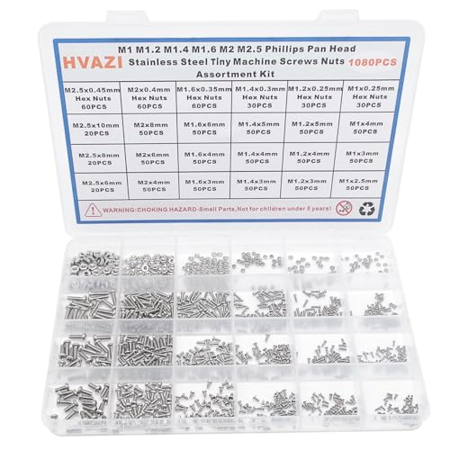 1080PCS M1-M2.5 304 SS Phillips Pan Head Tiny Machine Screws Nuts Kit | M1 M1.2 M1.4 M1.6 M2 M2.5 Stainless Steel Cross Drive Micro Screws Nuts for Precision Electronics, Instruments, DIY w/ Box - size: M1/M1.2/M1.4/M1.6/M2/M2.5