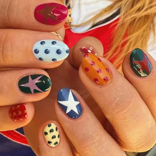 Short Almond Press On Nails Colorful with Y2K Star Polka Dots - color: Style5