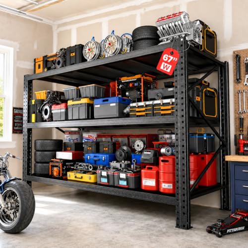 67" W Heavy Duty Garage Shelving, 6000 LBS Metal Storage Shelves with Anti-Fall Rails, 3-Tier Adjustable Storage Rack for Garage, Warehouse, Basement
