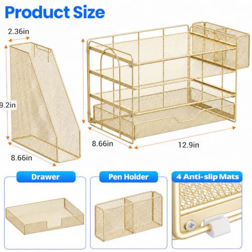 OPNICE Desk Organizers and Accessories, 4-Tier Desktop File Organizer with Drawer and Pen Holders, Office Desk Accessories Workspace Organizers for Office Supplies (Gold) - color: Gold, size: 4T