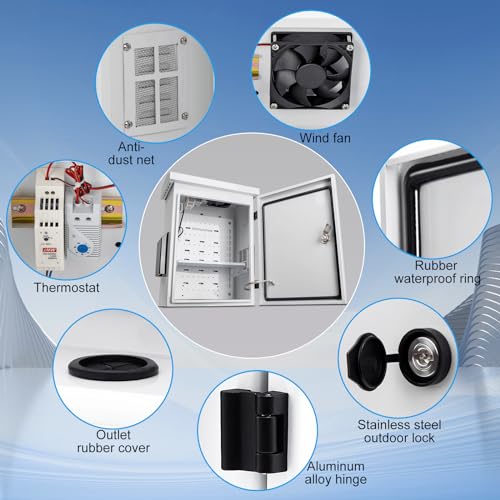 Outdoor Electrical Box with Thermostat and Fan, Cold-Rolled Steel Plate, Aluminum Alloy Back Beam, One-Piece Ventilation Design, IP65 Waterproof, Wall/Pole Mounted. (17.8" x 14" x 7.9") - size: 17.8" x 14" x 7.9"