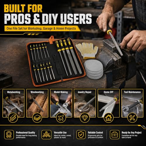 warmtree 28Pcs Metal File Set, Heavy Duty T12 Drop Forged Alloy Steel Files, Includes 4 Large Files, 6 Steel & 6 Diamond Needle File Set, 8 Sandpapers, Brush & Gloves, Metal Files for Wood, DIY