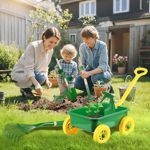 Kids Garden Set with Wheelbarrow, Real Metal Garden Tools for Kids Ages 3+ | Shovel, Rake, Outdoor Backyard Digging Weeds & Yard Play, Birthday Gift for Boys & Girls Age 2 3+ - color: Green&yellow-8pcs