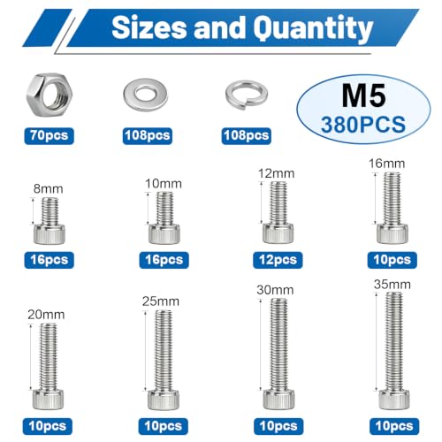 380PCS M5 Hex Socket Head Cap Screw Assortment Kit 304 Stainless Steel - size: SS M5 380PCS