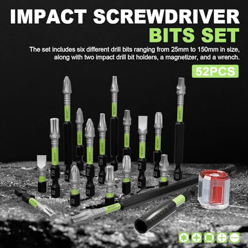52PCS Impact Screwdriver bit Set-Resistant Magnetic Mixed, Includes Various Sizes and Lengths, Along with a Magnetizer, Extension Rod, and Wrench, to Meet Your Work Needs. - size: Mixed-52PCS (without Box)